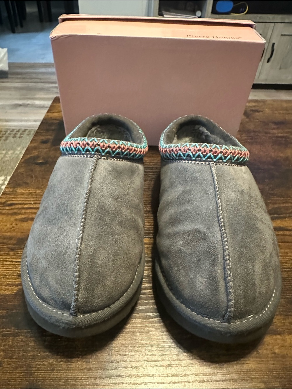 UGG Gray Suede Slip-On Loafers with Multicolor Trim